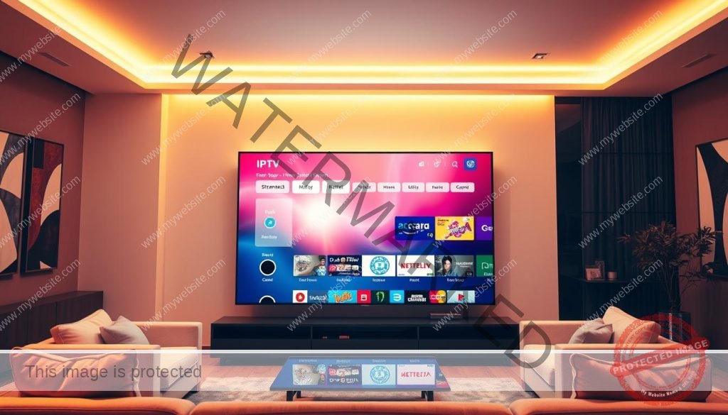 A modern living room with a large, high-definition television screen prominently displayed. The screen shows a streaming service interface with vibrant colors, sharp graphics, and seamless playback, reflecting the superior quality of IPTV streaming. The room is bathed in warm, soft lighting, creating a cozy and inviting atmosphere. Sleek, contemporary furniture surrounds the television, suggesting a minimalist and tech-savvy aesthetic. The walls are adorned with abstract art pieces, complementing the modern design. The overall scene conveys the convenience, reliability, and enjoyment of IPTV streaming for the discerning, tech-savvy consumer. A modern living room with a large, high-definition television screen prominently displayed. The screen shows a streaming service interface with vibrant colors, sharp graphics, and seamless playback, reflecting the superior quality of IPTV streaming. The room is bathed in warm, soft lighting, creating a cozy and inviting atmosphere. Sleek, contemporary furniture surrounds the television, suggesting a minimalist and tech-savvy aesthetic. The walls are adorned with abstract art pieces, complementing the modern design. The overall scene conveys the convenience, reliability, and enjoyment of IPTV streaming for the discerning, tech-savvy consumer.